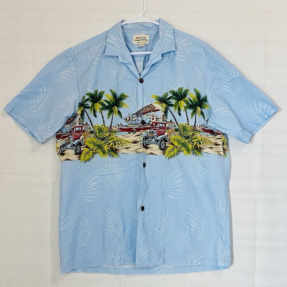 Vintage Royal Hawaiian Creations Shirt Men Large Woody Cars Tropical Surf Beach